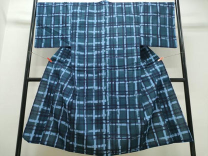 平和屋着物∴夏物　男性　浴衣　注染　手縫い　格子柄　綿　逸品　CABJ0386ng