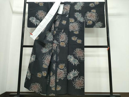 平和屋着物∴夏物　浴衣　注染　手縫い　花火　黒地　綿　逸品　CABJ0390ng