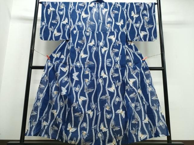 平和屋着物∴夏物　浴衣　綿絽　枝葉舞蝶文　綿　逸品　未使用　CABJ0393ng