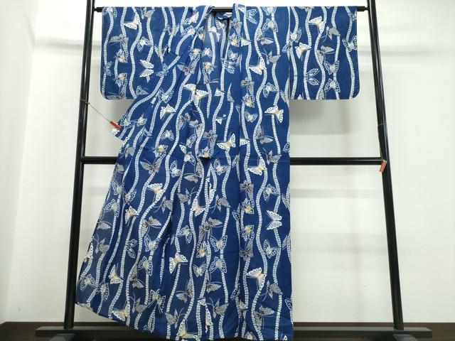 平和屋着物∴夏物　浴衣　綿絽　枝葉舞蝶文　綿　逸品　未使用　CABJ0393ng