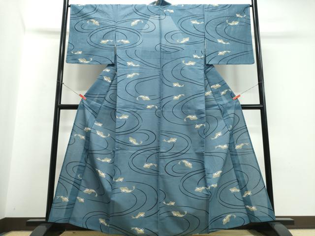 平和屋着物∴夏物　浴衣　綿絽　魚　流水文　綿　逸品　未使用　CABJ0394ng