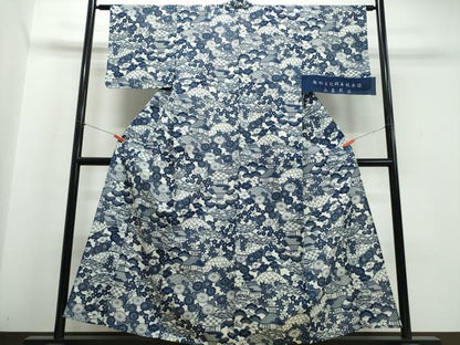 平和屋着物∴夏物　浴衣　綿無形文化財長板本染　正藍別染　綿絽　松竹梅風景文　反端付き　綿　逸品　CABJ0396ng