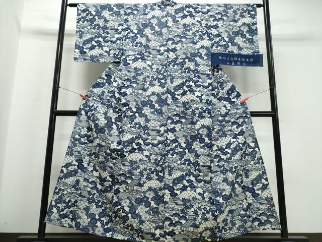 平和屋着物∴夏物　浴衣　綿無形文化財長板本染　正藍別染　綿絽　松竹梅風景文　反端付き　綿　逸品　CABJ0396ng