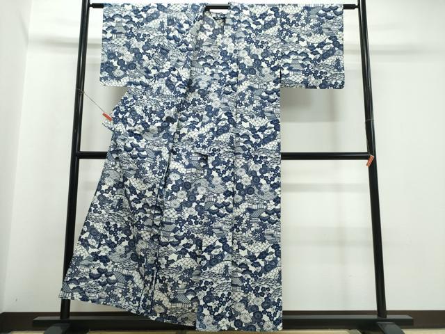 平和屋着物∴夏物　浴衣　綿無形文化財長板本染　正藍別染　綿絽　松竹梅風景文　反端付き　綿　逸品　CABJ0396ng