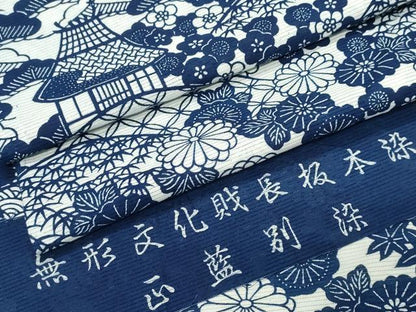 平和屋着物∴夏物　浴衣　綿無形文化財長板本染　正藍別染　綿絽　松竹梅風景文　反端付き　綿　逸品　CABJ0396ng