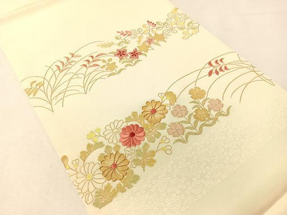 平和屋着物●塩瀬 九寸開き名古屋帯 駒刺繍 草花文 金彩 正絹 逸品 CABJ0401vp