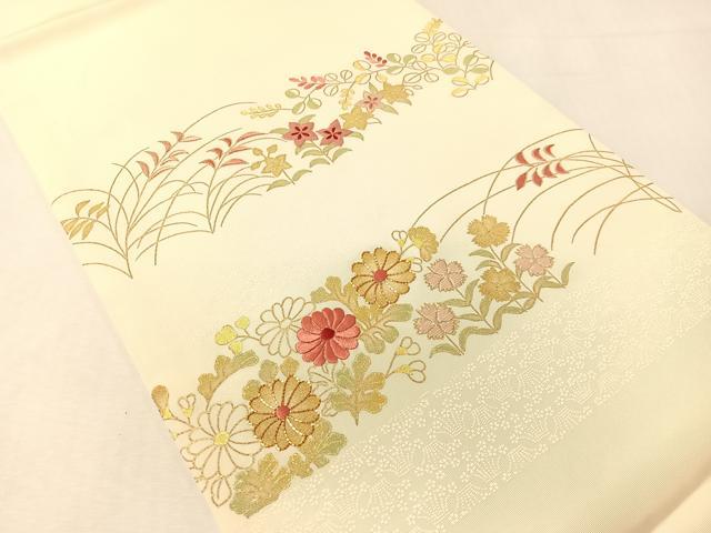 平和屋着物●塩瀬 九寸開き名古屋帯 駒刺繍 草花文 金彩 正絹 逸品 CABJ0401vp