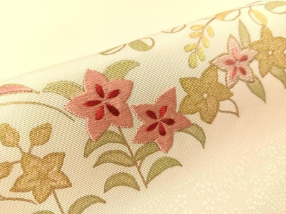平和屋着物●塩瀬 九寸開き名古屋帯 駒刺繍 草花文 金彩 正絹 逸品 CABJ0401vp