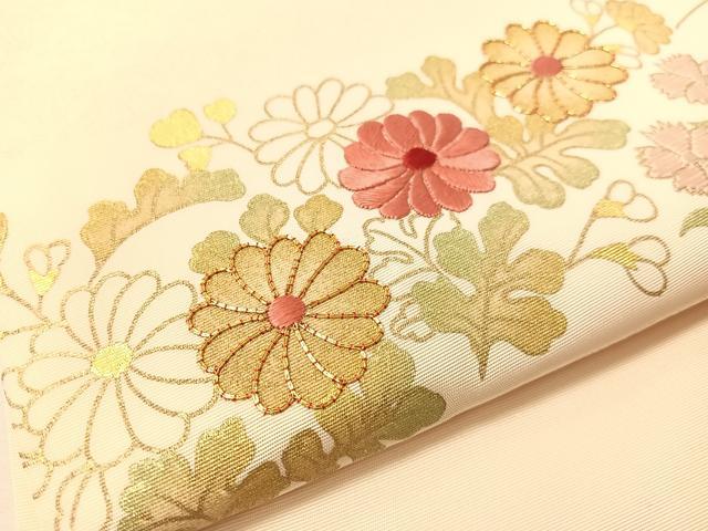 平和屋着物●塩瀬 九寸開き名古屋帯 駒刺繍 草花文 金彩 正絹 逸品 CABJ0401vp