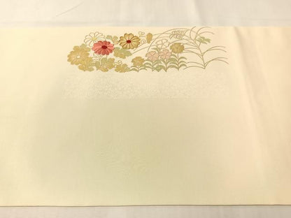 平和屋着物●塩瀬 九寸開き名古屋帯 駒刺繍 草花文 金彩 正絹 逸品 CABJ0401vp