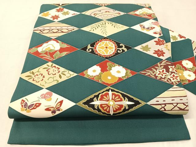 平和屋着物●塩瀬　九寸名古屋帯　菱吉祥花蝶文　金彩　正絹　逸品　CABJ0402vp