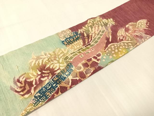 平和屋着物●九寸名古屋帯　紬地　風景文　正絹　逸品　CABJ0403vp