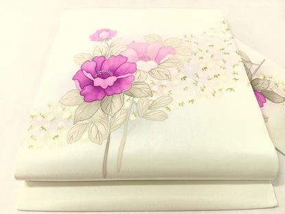 平和屋着物●塩瀬 九寸名古屋帯 手描き 草花文 正絹 逸品 CABJ0404vp