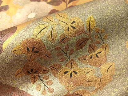 平和屋着物●六通柄袋帯　手描き　紬地　切嵌花文　金銀彩　正絹　逸品　CABJ0406vp