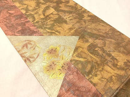 平和屋着物●六通柄袋帯　手描き　紬地　切嵌花文　金銀彩　正絹　逸品　CABJ0406vp