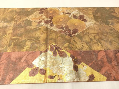平和屋着物●六通柄袋帯　手描き　紬地　切嵌花文　金銀彩　正絹　逸品　CABJ0406vp