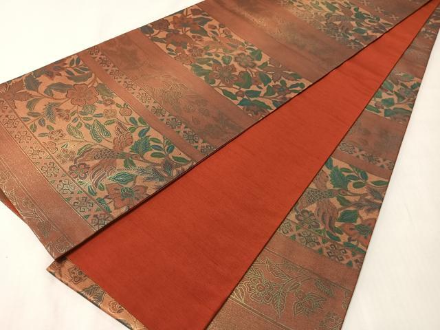平和屋着物●全通柄袋帯　紬地　横段更紗花鳥文　金彩　正絹　逸品　CABJ0413vp