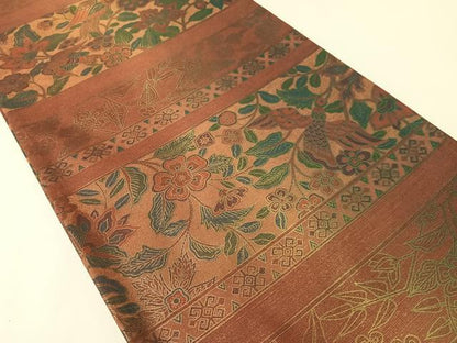 平和屋着物●全通柄袋帯　紬地　横段更紗花鳥文　金彩　正絹　逸品　CABJ0413vp