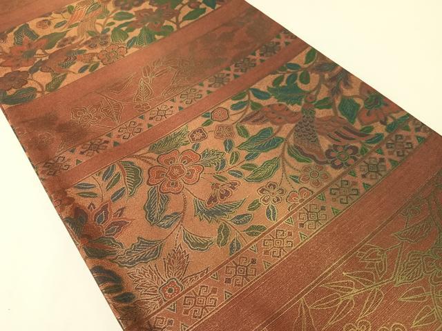 平和屋着物●全通柄袋帯　紬地　横段更紗花鳥文　金彩　正絹　逸品　CABJ0413vp
