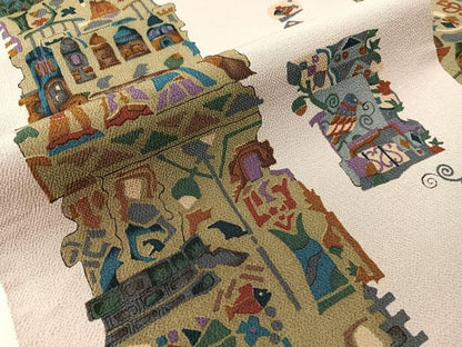 平和屋着物●全通柄 九寸名古屋帯 型染め 人物花鳥文 鬼しぼ縮緬 正絹 逸品 CABJ0418vp