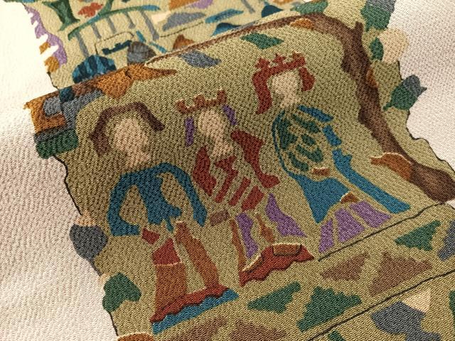 平和屋着物●全通柄 九寸名古屋帯 型染め 人物花鳥文 鬼しぼ縮緬 正絹 逸品 CABJ0418vp