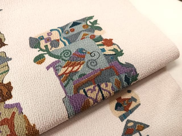 平和屋着物●全通柄 九寸名古屋帯 型染め 人物花鳥文 鬼しぼ縮緬 正絹 逸品 CABJ0418vp