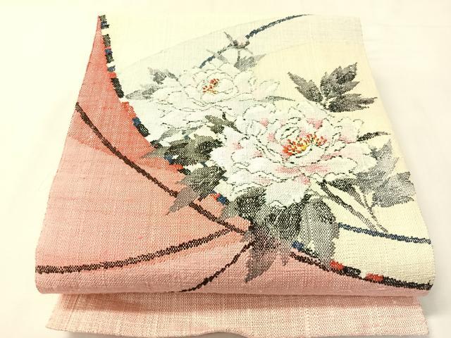 平和屋着物●八寸名古屋帯 紬地 牡丹 正絹 逸品 未使用 CABJ0420vp