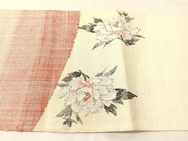 平和屋着物●八寸名古屋帯 紬地 牡丹 正絹 逸品 未使用 CABJ0420vp