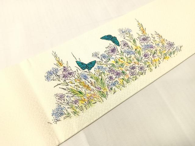 平和屋着物●九寸名古屋帯　手描き　花蝶文　正絹　逸品　CABJ0431vp