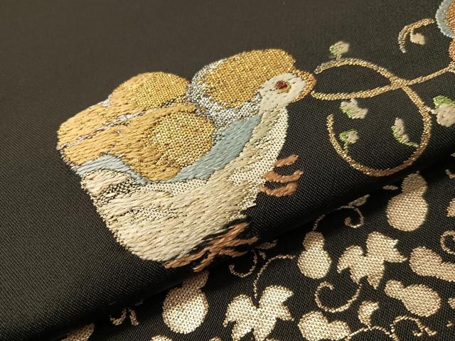平和屋着物●龍村平蔵製　六通柄　本袋帯　唐織　白石　比翼錦　黒地　金銀糸　正絹　逸品　CABJ0432vp