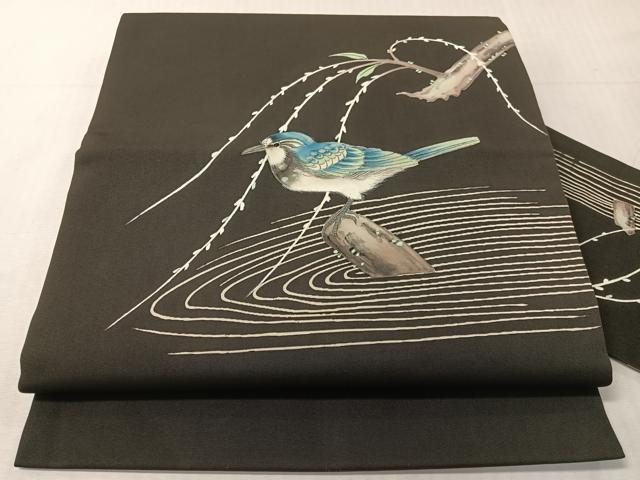 平和屋着物●塩瀬　九寸名古屋帯　手描き　休み鳥　黒地　正絹　逸品　CABJ0438vp
