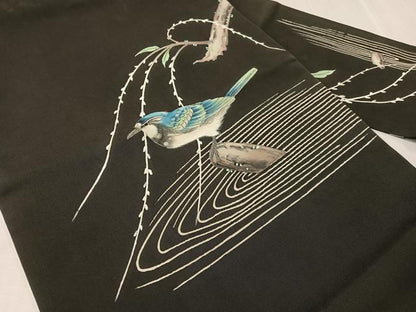 平和屋着物●塩瀬　九寸名古屋帯　手描き　休み鳥　黒地　正絹　逸品　CABJ0438vp