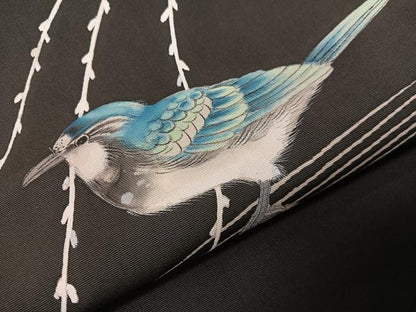 平和屋着物●塩瀬　九寸名古屋帯　手描き　休み鳥　黒地　正絹　逸品　CABJ0438vp