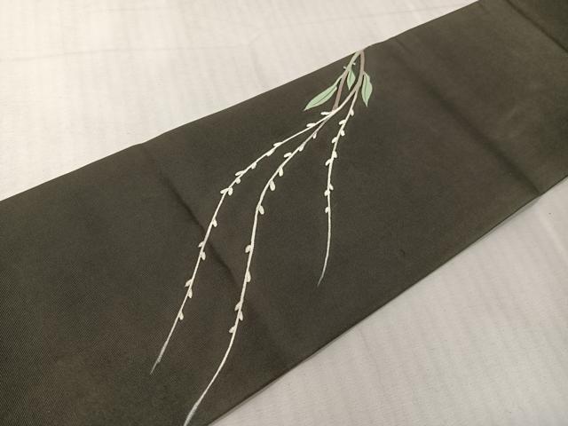 平和屋着物●塩瀬　九寸名古屋帯　手描き　休み鳥　黒地　正絹　逸品　CABJ0438vp