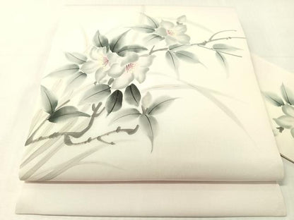 平和屋着物●塩瀬　九寸名古屋帯　作家物　手描き　枝花文　銀彩　正絹　逸品　CABJ0439vp