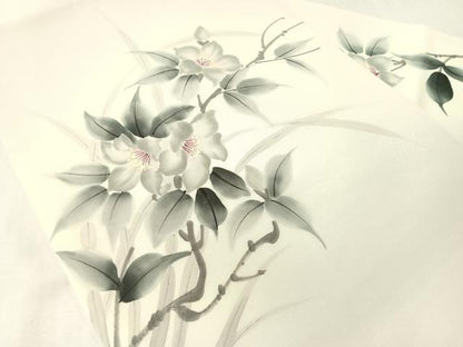 平和屋着物●塩瀬　九寸名古屋帯　作家物　手描き　枝花文　銀彩　正絹　逸品　CABJ0439vp