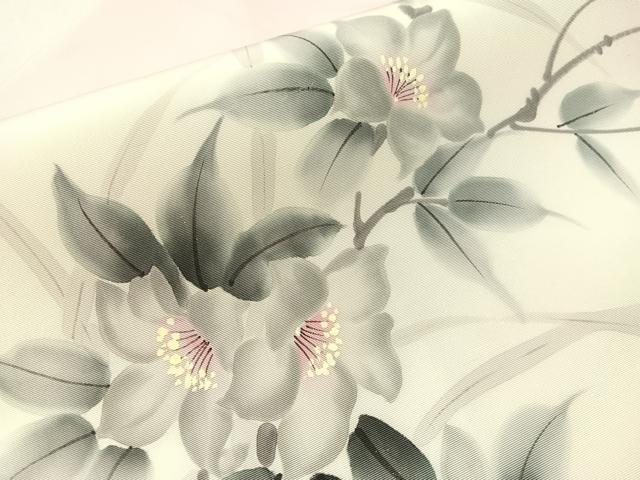 平和屋着物●塩瀬　九寸名古屋帯　作家物　手描き　枝花文　銀彩　正絹　逸品　CABJ0439vp