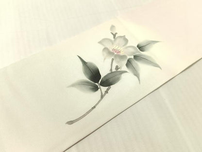 平和屋着物●塩瀬　九寸名古屋帯　作家物　手描き　枝花文　銀彩　正絹　逸品　CABJ0439vp