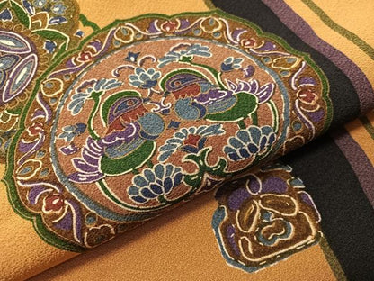 平和屋着物●全通柄　九寸名古屋帯　鏡裏双鳥花文　金彩　正絹　逸品　CABJ0440vp