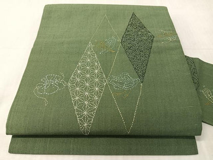 平和屋着物●総刺繍　刺し子　九寸名古屋帯　紬地　宝尽くし菱文　正絹　逸品　CABJ0442vp