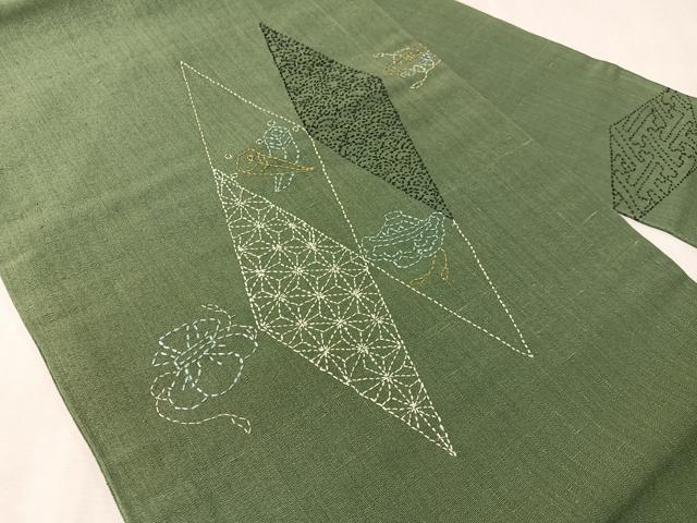 平和屋着物●総刺繍　刺し子　九寸名古屋帯　紬地　宝尽くし菱文　正絹　逸品　CABJ0442vp