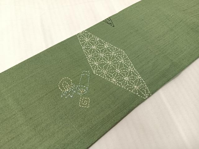 平和屋着物●総刺繍　刺し子　九寸名古屋帯　紬地　宝尽くし菱文　正絹　逸品　CABJ0442vp