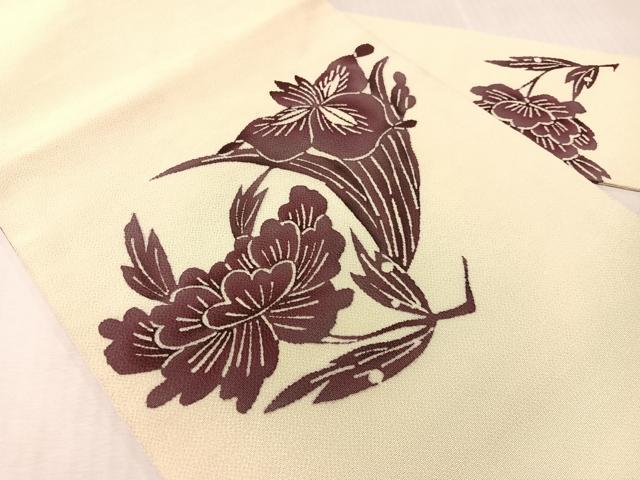 平和屋着物●九寸名古屋帯　型染め　草花文　鬼しぼ縮緬　正絹　逸品　CABJ0445vp