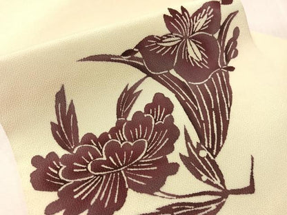 平和屋着物●九寸名古屋帯　型染め　草花文　鬼しぼ縮緬　正絹　逸品　CABJ0445vp
