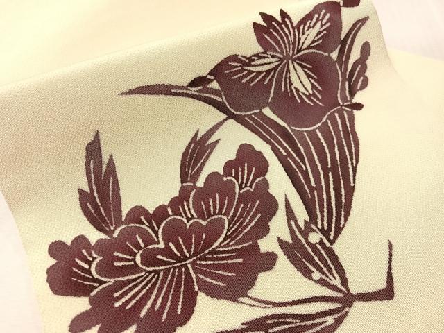 平和屋着物●九寸名古屋帯　型染め　草花文　鬼しぼ縮緬　正絹　逸品　CABJ0445vp
