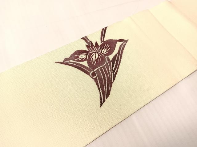 平和屋着物●九寸名古屋帯　型染め　草花文　鬼しぼ縮緬　正絹　逸品　CABJ0445vp