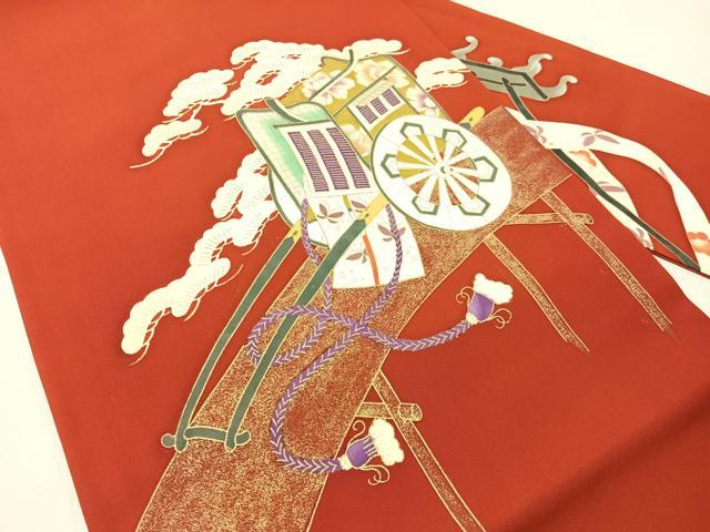 平和屋着物●塩瀬　九寸名古屋帯　御所車　金彩　正絹　逸品　CABJ0446vp