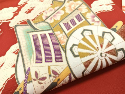平和屋着物●塩瀬　九寸名古屋帯　御所車　金彩　正絹　逸品　CABJ0446vp