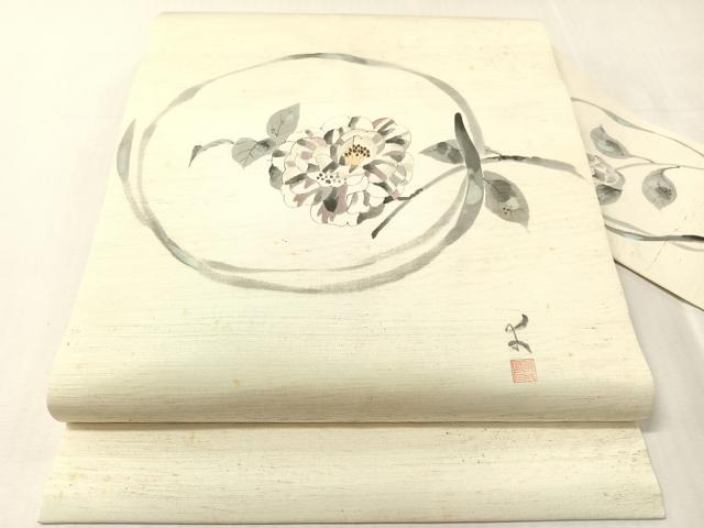 平和屋着物●塩瀬　九寸名古屋帯　作家物　手描き　刺繍　枝花丸文　金糸　正絹　逸品　CABJ0454vp