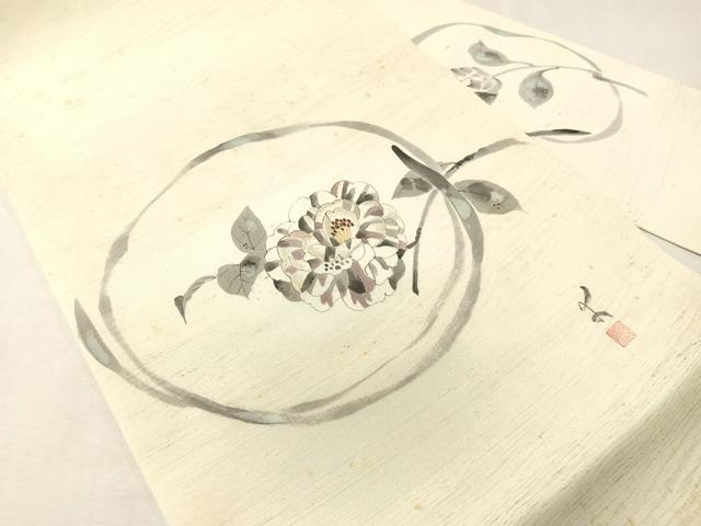 平和屋着物●塩瀬　九寸名古屋帯　作家物　手描き　刺繍　枝花丸文　金糸　正絹　逸品　CABJ0454vp